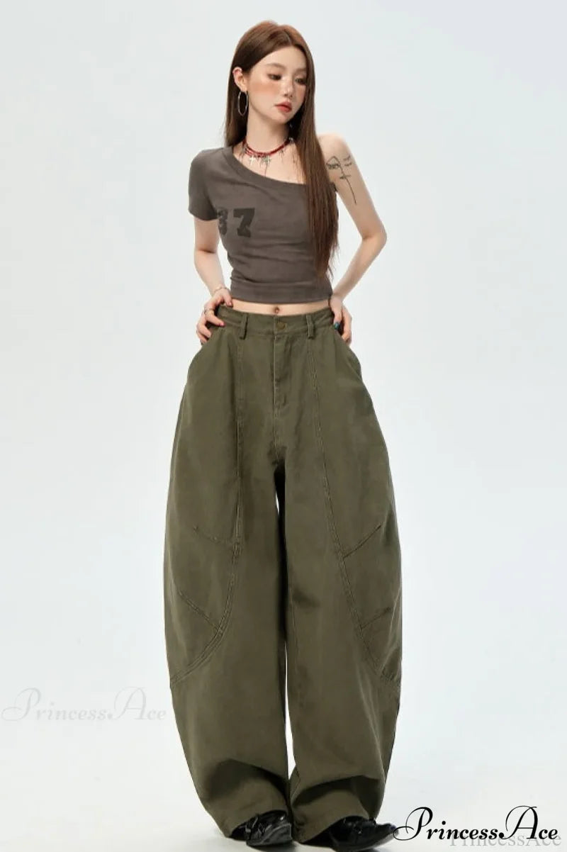 Denim Curved Loose Straight Cargo Pants