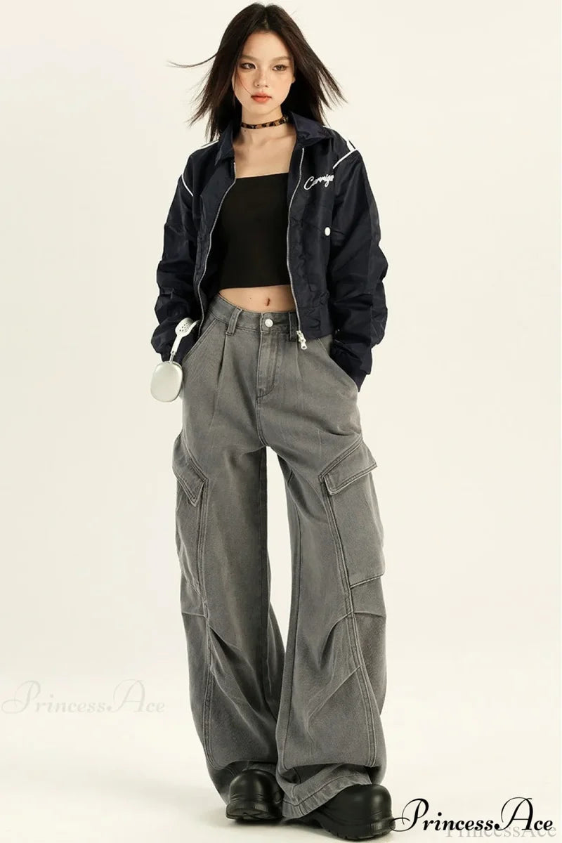 Denim Loose Wide Leg Flattering Cargo Pants Grey / XS