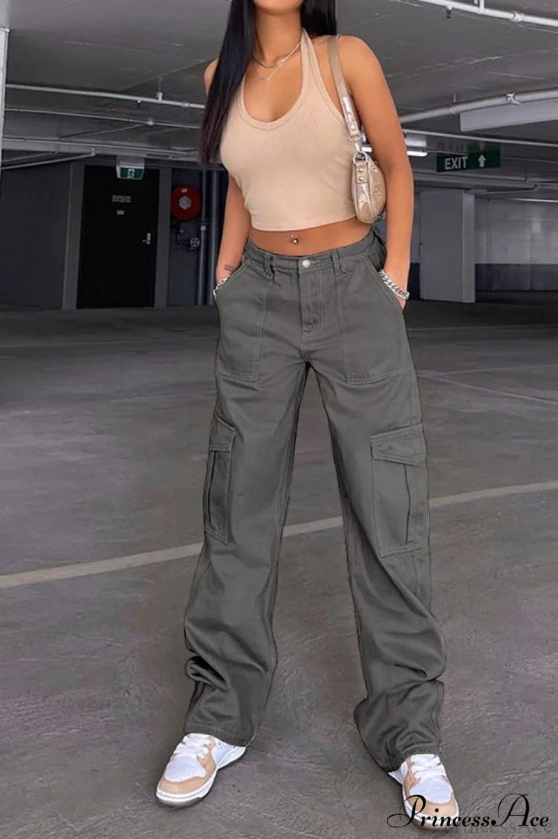 Denim Street Multi-Pocket High Waist Cargo Pants Grey / S
