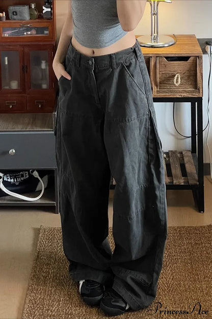 Denim Washed Distressed Loose Cargo Pants Grey / S