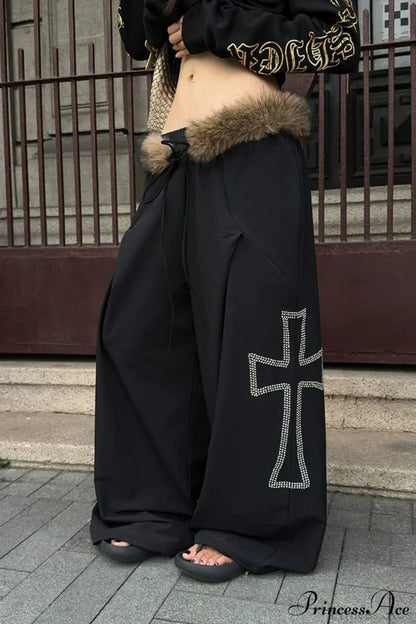 Detachable Fur-Collar Loose Wide-Leg Pants