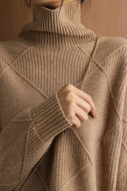 Diamond Pattern Turtleneck Loose Long-Sleeve Sweater