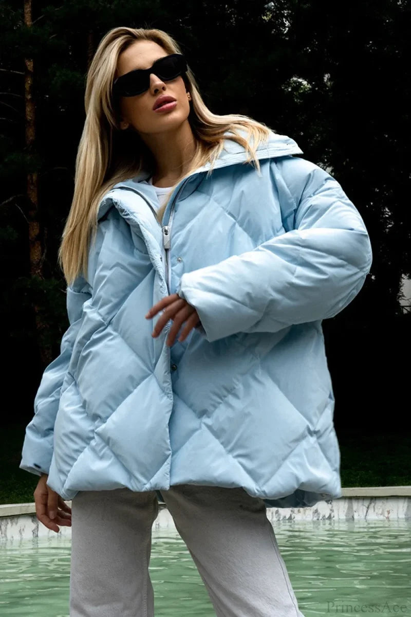 Diamond Quilted Matte Shiny Oversized Wide Lapel Coat Blue / S