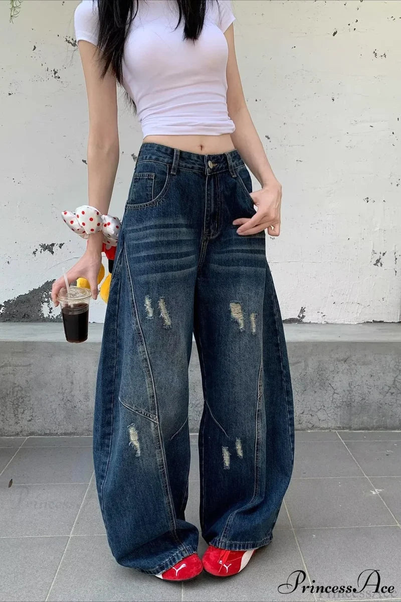 Distressed Curved Loose Wide Leg Casual Utility Jeans Dark blue / S
