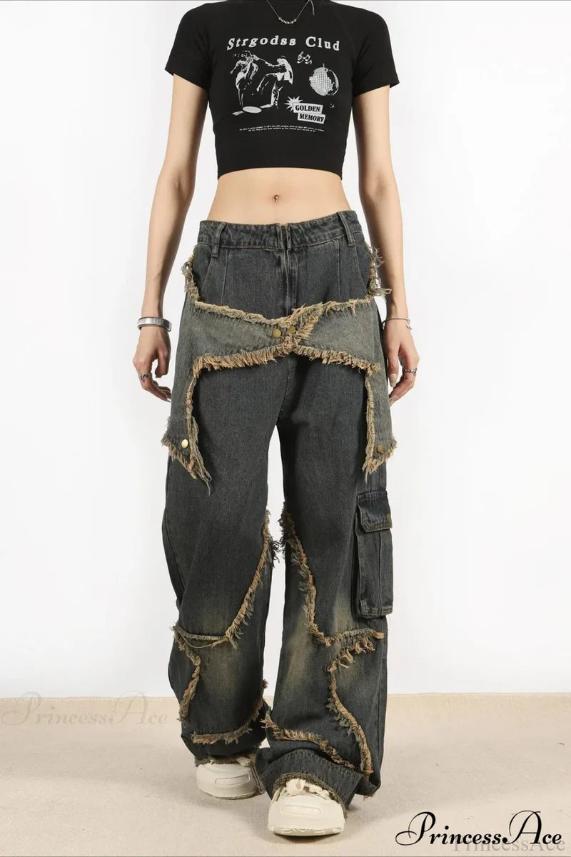 Distressed Frayed Star Straight Leg Hip Hop Jeans Dark blue / M