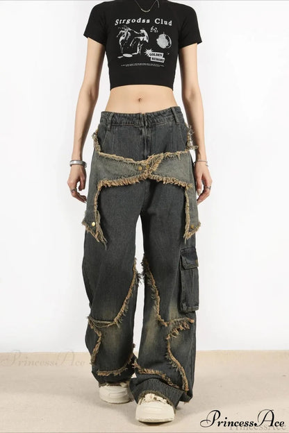Distressed Frayed Star Straight Leg Hip Hop Jeans Dark blue / M