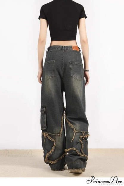 Distressed Frayed Star Straight Leg Hip Hop Jeans