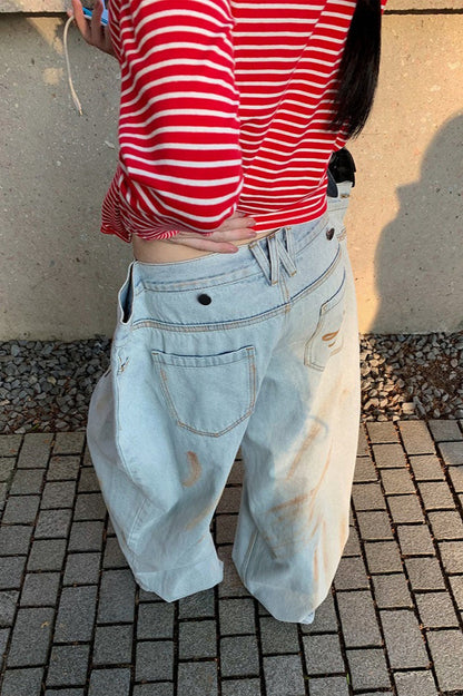 Distressed Ruched Wide Leg Designer Pocket Jeans