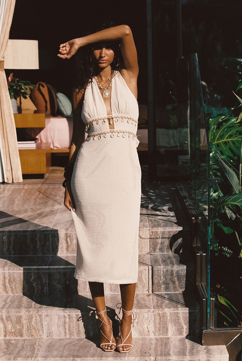 Divine Ivory Shell Embellished Midi Dress styled in a complete look from an alternate angle.