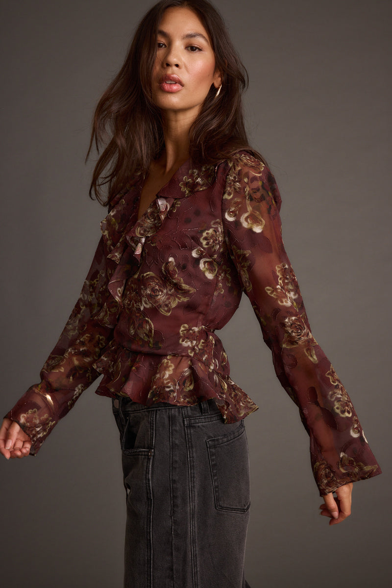 Dominique Plum Floral Blouse styled in a complete look from an alternate angle.