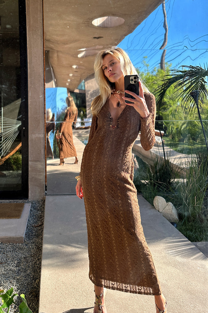Mocha maxi dress with elegant accents, a vacation maxi dress essential.