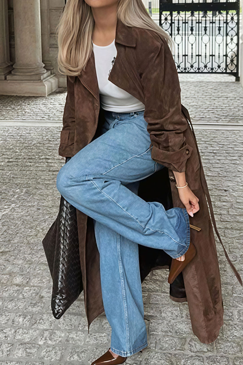 Double Breasted Tie Waist Long Elegant Overcoat