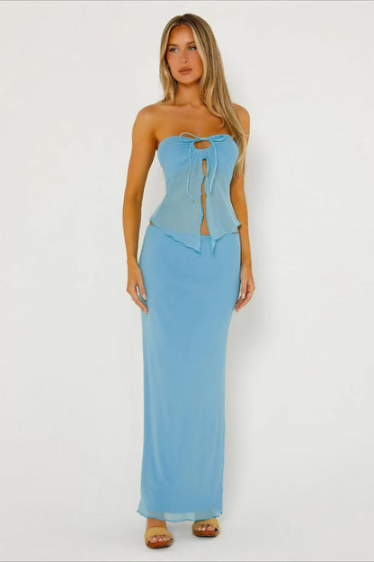 Double Layer Mesh Strapless Crop Bodycon Skirt Set