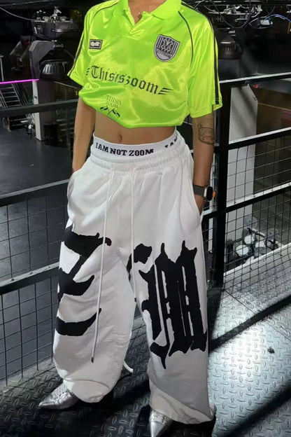 Drapey Letter Graphic Drawcord Curved Sweat Pants