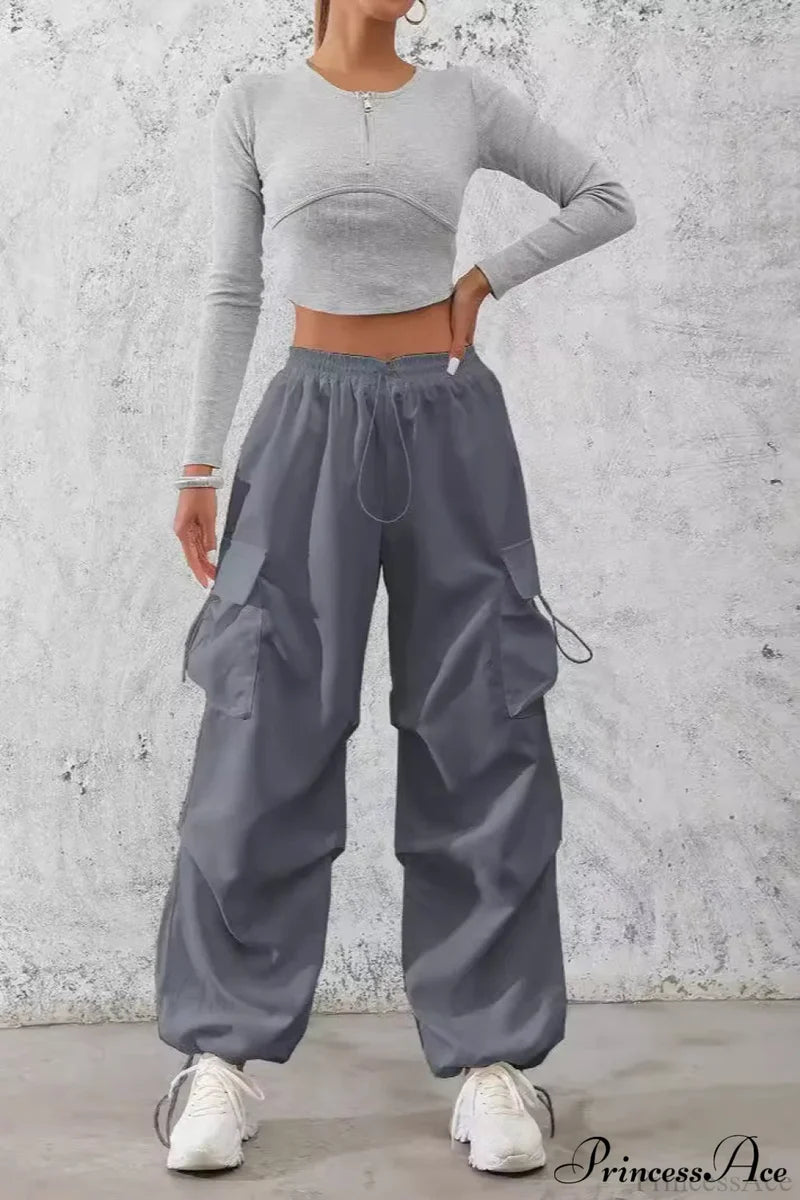 Drawstring Casual Pocket Cargo Pants Grey / S