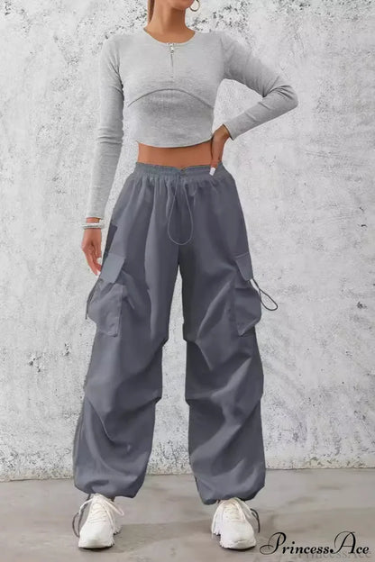 Drawstring Casual Pocket Cargo Pants Grey / S