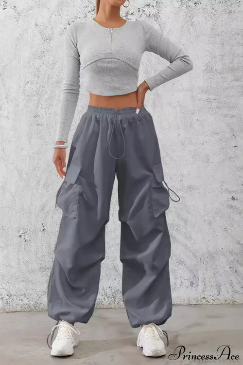 Drawstring Casual Pocket Cargo Pants Grey / S