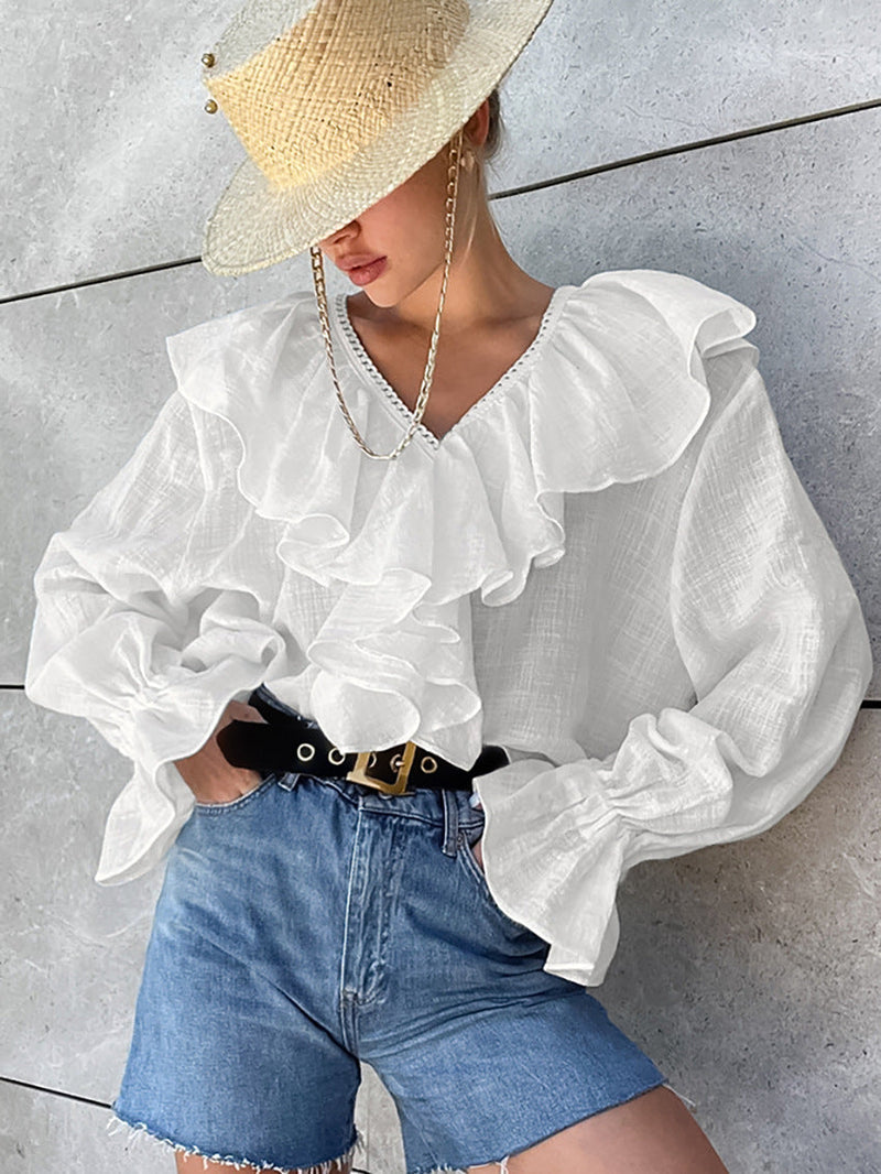 Drop Shoulder Ruffled Cotton Blouse