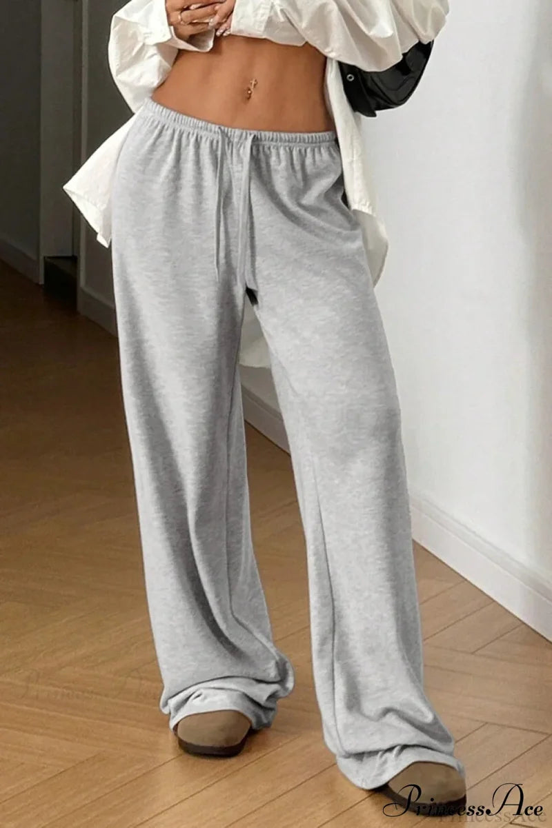 Elastic Waist Drawstring Wide Leg Pants Grey / S