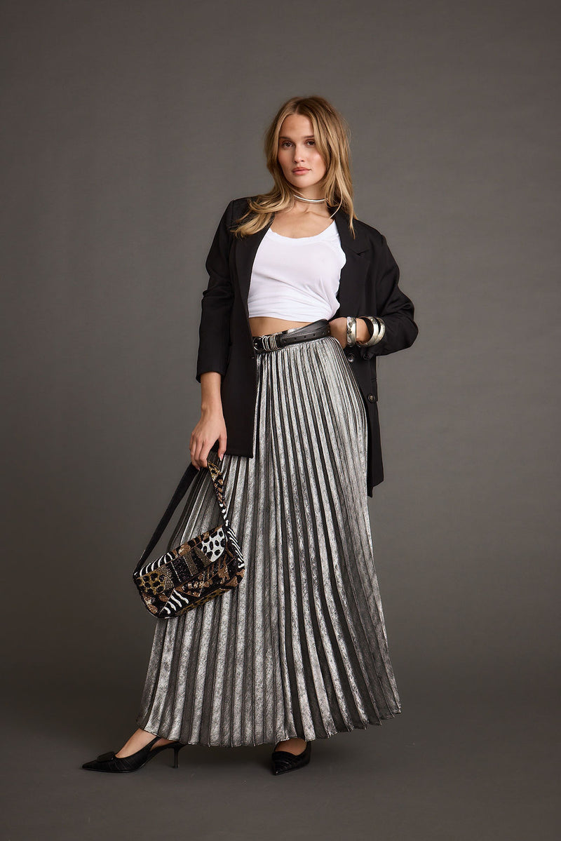 Metallic metallic pleated maxi skirt with refined accents, a lace maxi skirt essential.