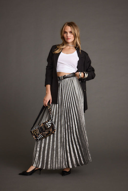 Metallic metallic pleated maxi skirt with refined accents, a lace maxi skirt essential.