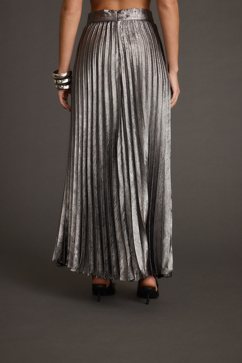 Back view of the metallic metallic maxi skirt showing the silhouette and fit.