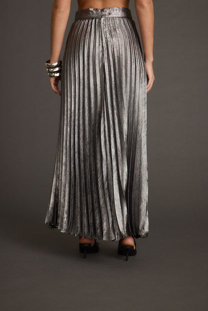 Back view of the metallic metallic maxi skirt showing the silhouette and fit.