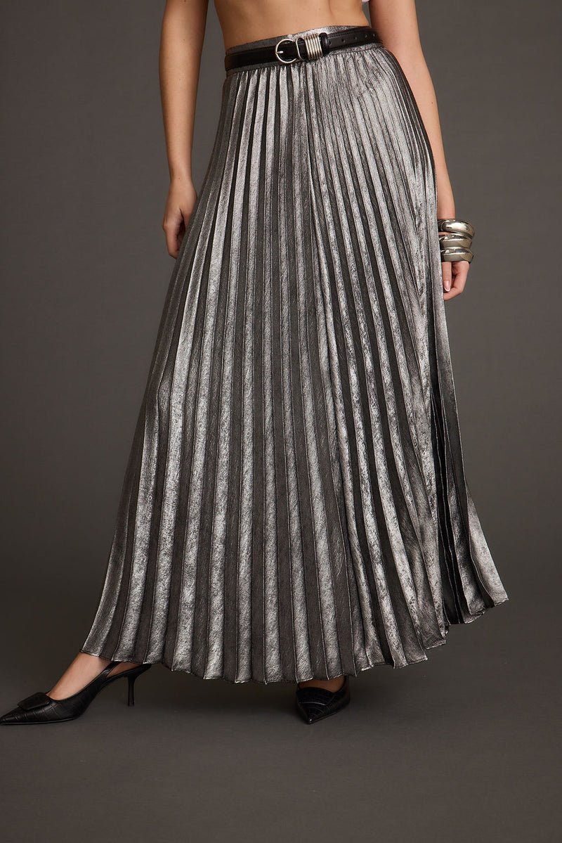 Close-up of the Electric Love Gunmetal Metallic Pleated Maxi Skirt showcasing the metallic texture and craftsmanship.