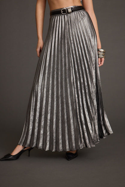 Close-up of the Electric Love Gunmetal Metallic Pleated Maxi Skirt showcasing the metallic texture and craftsmanship.