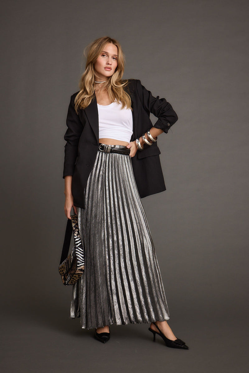 Electric Love Gunmetal Metallic Pleated Maxi Skirt styled in a complete look from an alternate angle.
