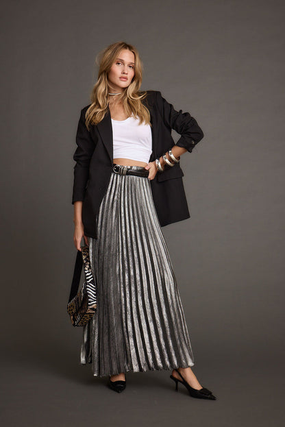 Electric Love Gunmetal Metallic Pleated Maxi Skirt styled in a complete look from an alternate angle.