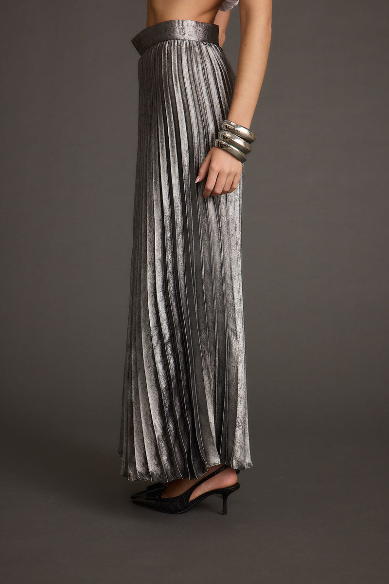 Electric Love Gunmetal Metallic Pleated Maxi Skirt paired with complementary accessories for a polished look.