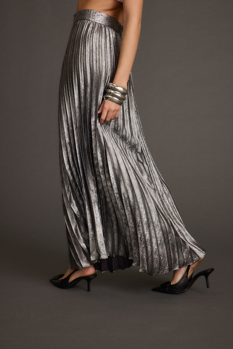 Detail shot of the Electric Love Gunmetal Metallic Pleated Maxi Skirt highlighting the pleated elements.