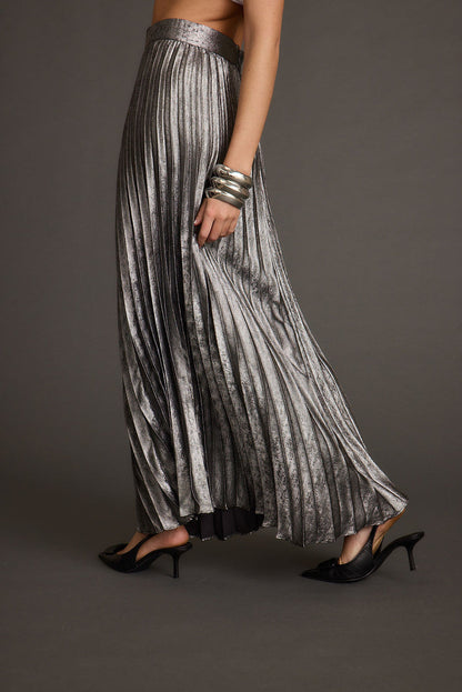 Detail shot of the Electric Love Gunmetal Metallic Pleated Maxi Skirt highlighting the pleated elements.