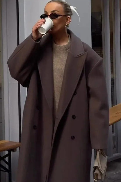 Elegant Casual Solid Color Double-Breasted Long Overcoat