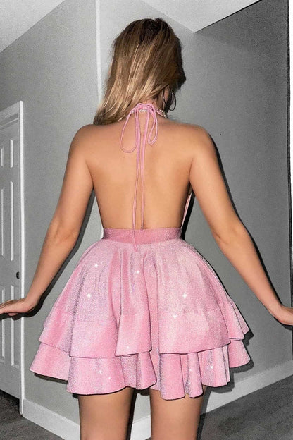 Elegant Glitter Ruffled Mini Party Dress