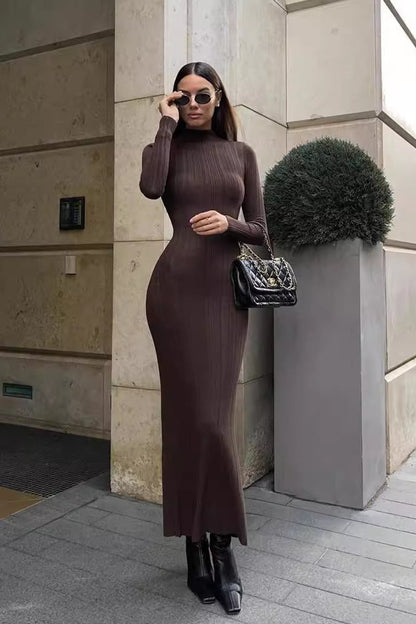 Elegant High Neck Striped Sweater Dress S / Brown