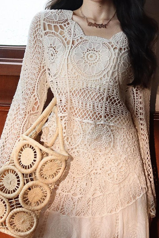 Elegant Hollow Lace Crew Neck Knit Blouse