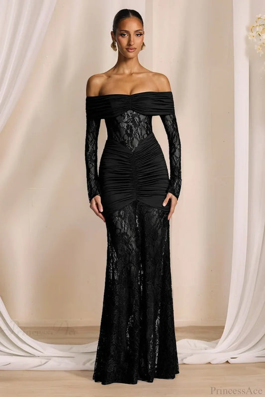 Elegant Lace Off-the-Shoulder Long Sleeve Bodycon Wedding Dress Black / S