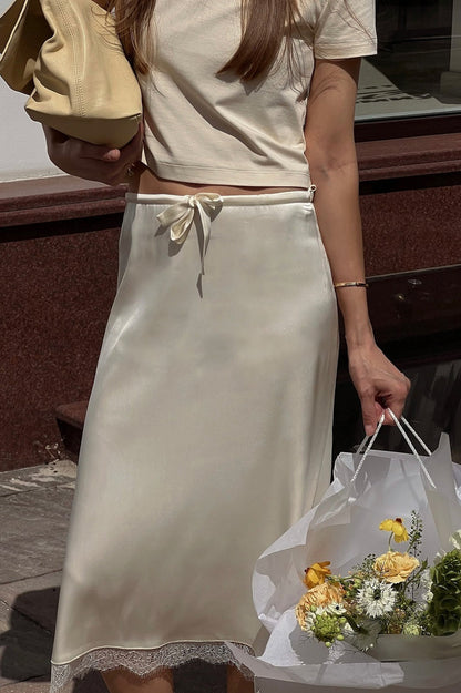 Elegant Lace Trim Tie Waist Midi Skirt