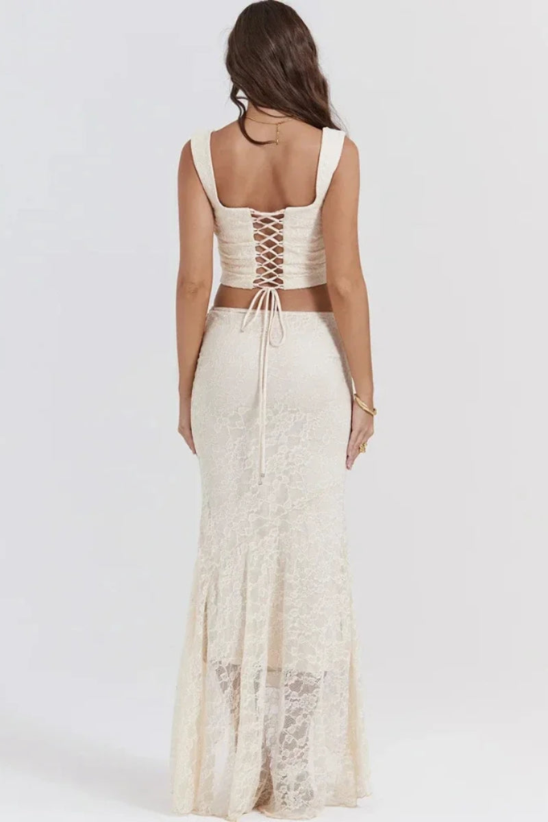 Elegant Lace Up Crop Top & Maxi Skirt Boho Dress