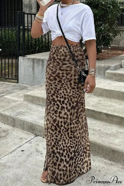 Elegant Leopard Print Slim A-Line Skirt Brown / S