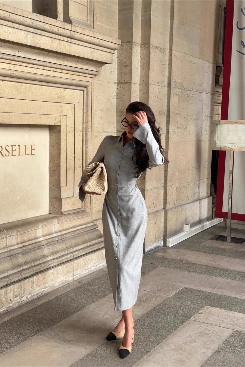 Elegant Long Sleeve Collared Midi Dress