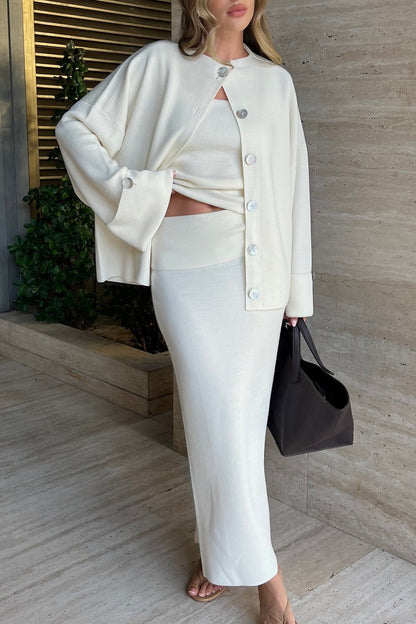 Elegant Minimalist Knit Long Sleeve Cardigan Cami Three Piece Set