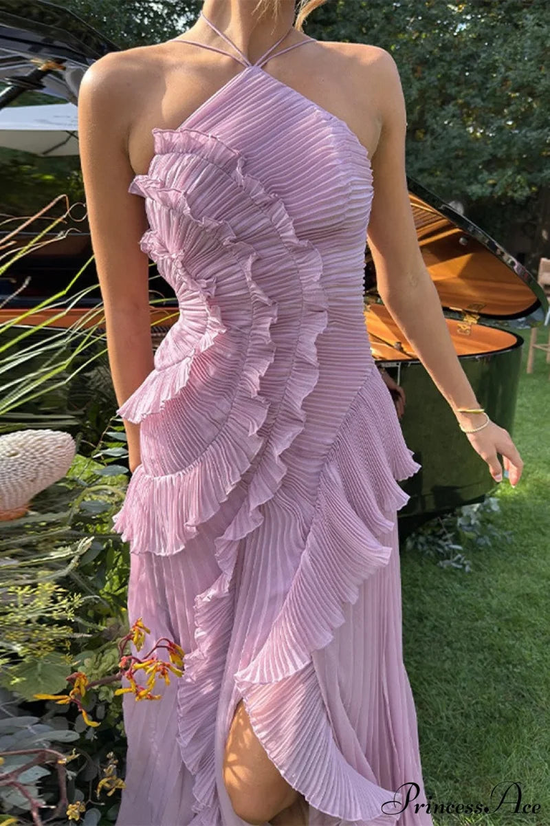 Elegant Neck Strap Ruffles Backless Floral Dress Purple / XS