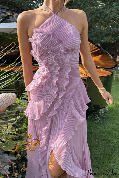 Elegant Neck Strap Ruffles Backless Floral Dress Purple / XS