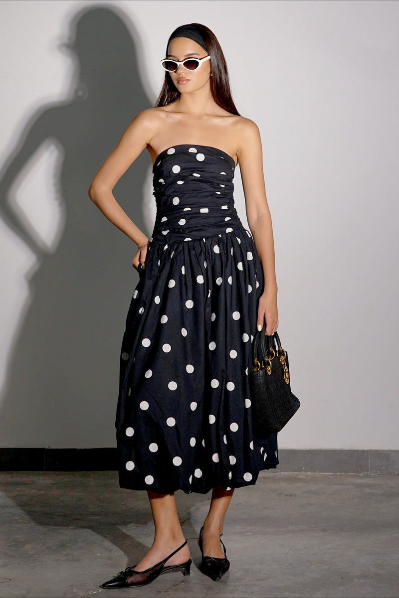 Elegant Polka Dot Strapless Bodycon Maxi Dress