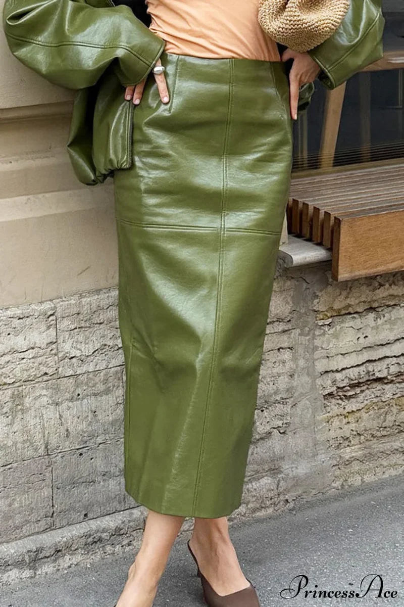 Elegant PU Leather Midi Slit Skirt Green / S