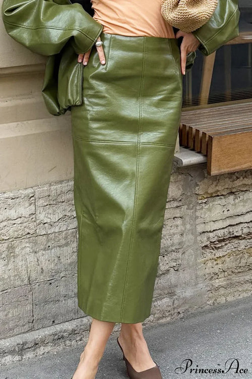 Elegant PU Leather Midi Slit Skirt Green / S