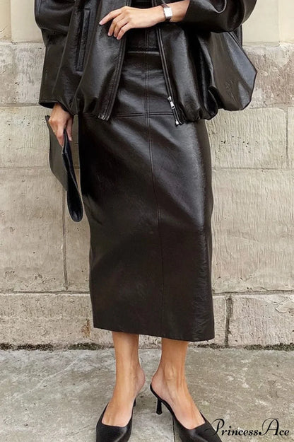 Elegant PU Leather Midi Slit Skirt Black / S